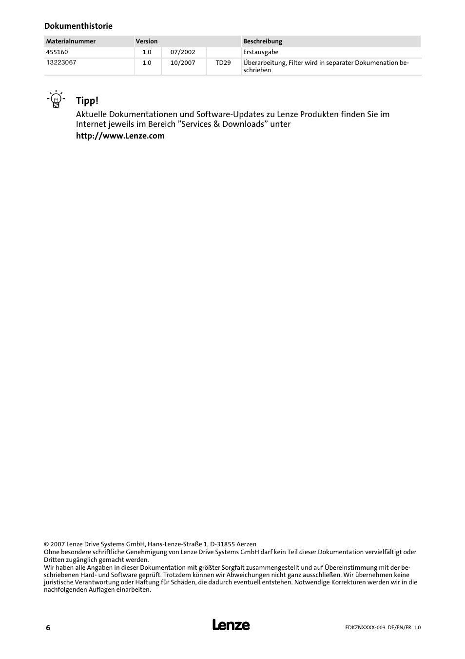 Dokumenthistorie, Tipp | Lenze EZN3x0060H054 User Manual | Page 6 / 58