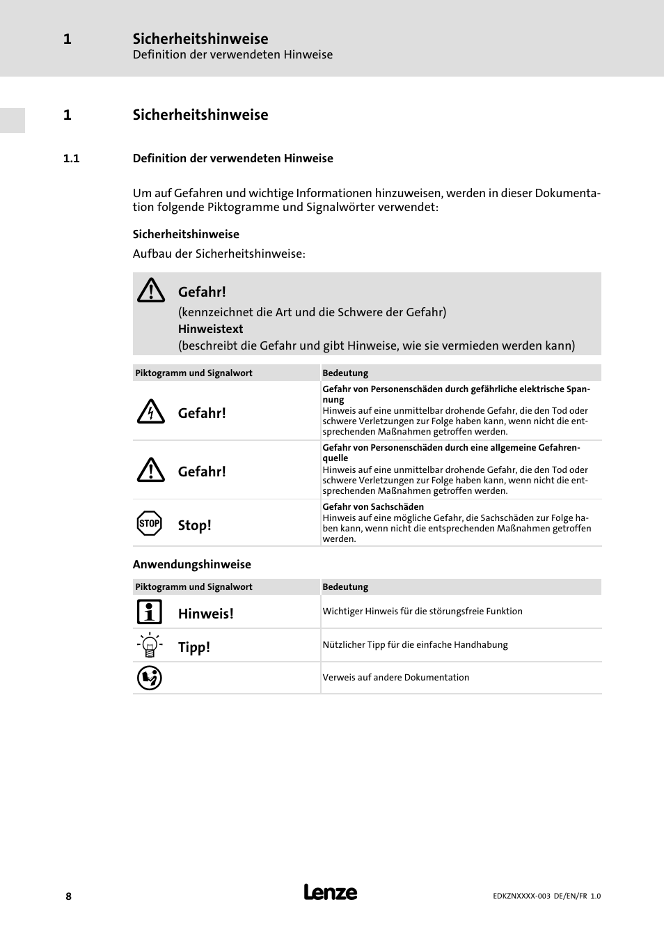 1 sicherheitshinweise, 1 definition der verwendeten hinweise, Sicherheitshinweise | Definition der verwendeten hinweise | Lenze EZN3x0060H054 User Manual | Page 8 / 58