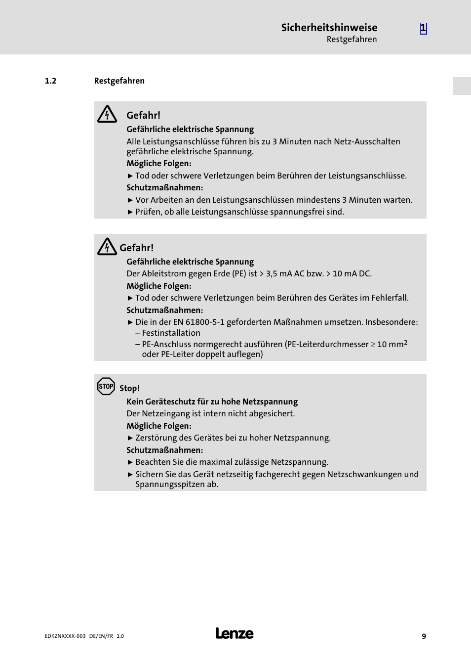 2 restgefahren, Restgefahren, Sicherheitshinweise | Lenze EZN3x0060H054 User Manual | Page 9 / 58