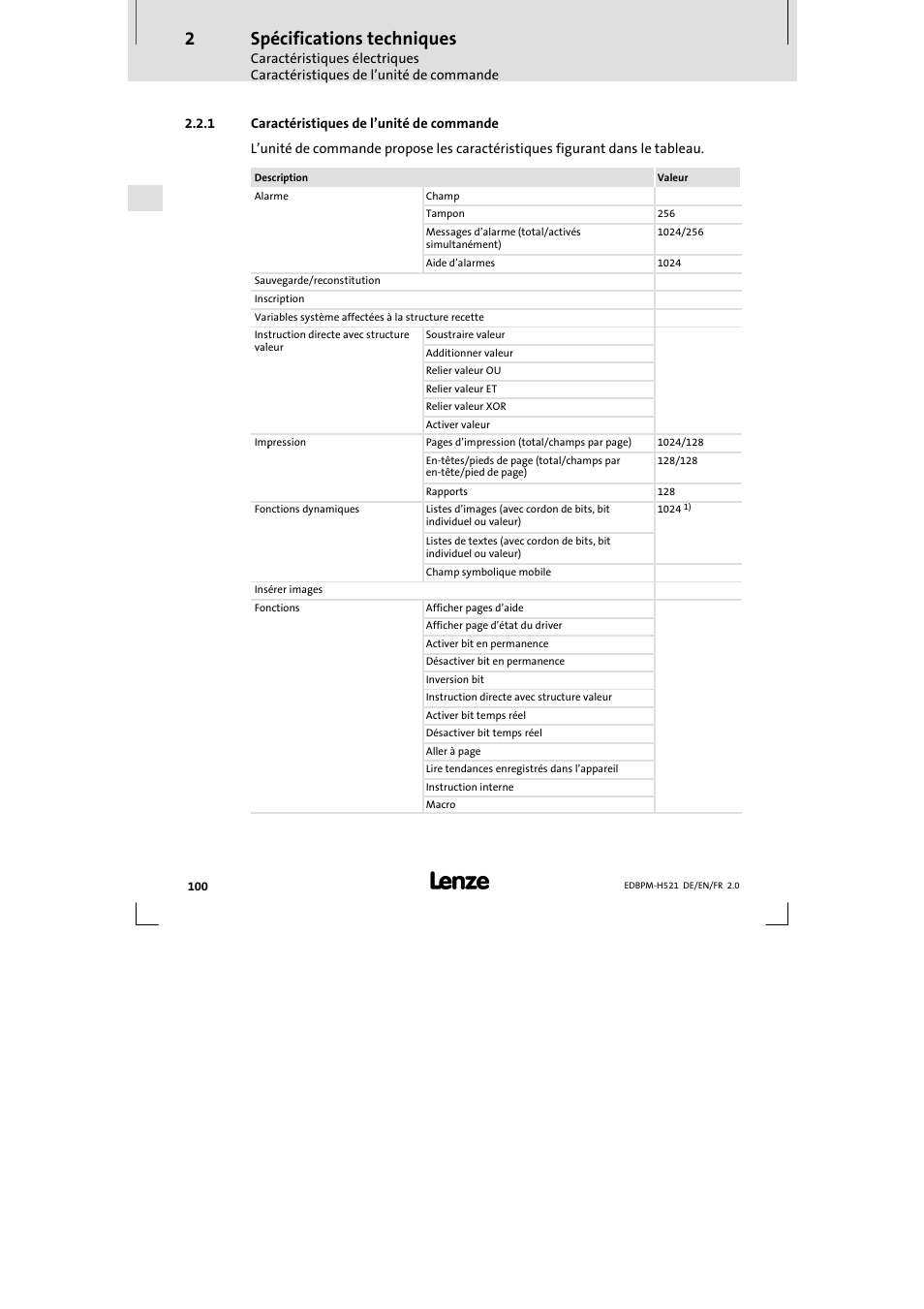 1 caractéristiques de l'unité de commande, Caractéristiques de l’unité de commande, Spécifications techniques | Lenze EPM-H521 User Manual | Page 100 / 136