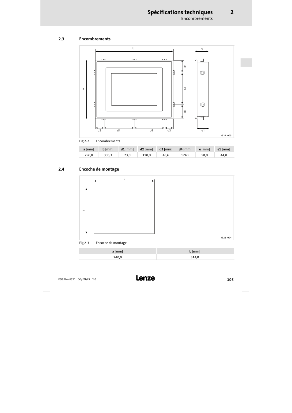 3 encombrements, 4 encoche de montage, Encombrements | Encoche de montage, Spécifications techniques | Lenze EPM-H521 User Manual | Page 105 / 136