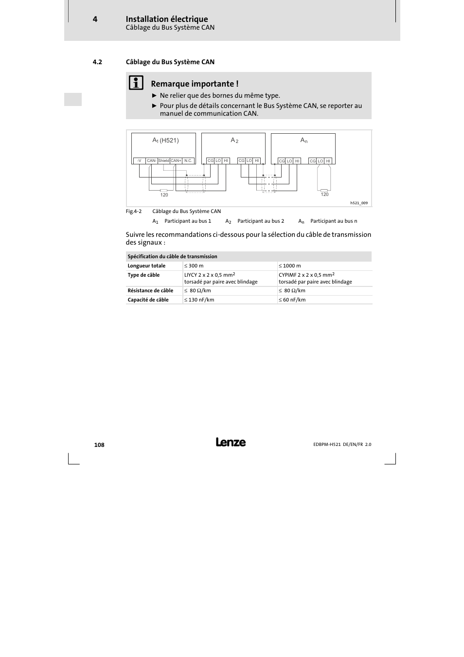 2 câblage du bus système can, Câblage du bus système can, Installation électrique | Remarque importante | Lenze EPM-H521 User Manual | Page 108 / 136