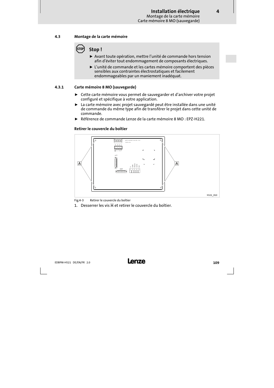 3 montage de la carte mémoire, 1 carte mémoire 8 mo (sauvegarde), Montage de la carte mémoire | Carte mémoire 8 mo (sauvegarde), Installation électrique, Stop | Lenze EPM-H521 User Manual | Page 109 / 136