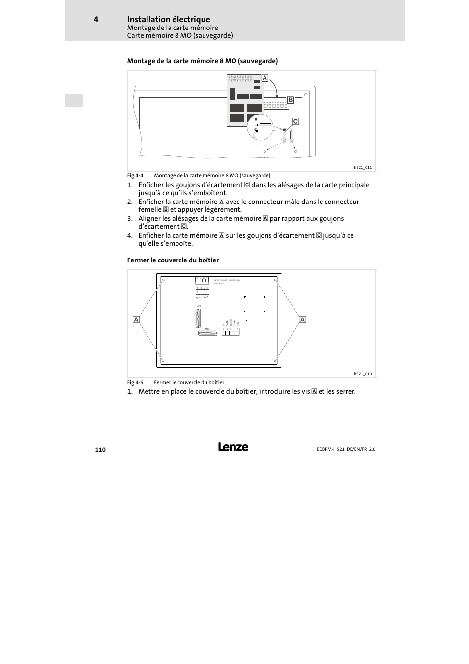 Installation électrique, Montage de la carte mémoire 8 mo (sauvegarde) | Lenze EPM-H521 User Manual | Page 110 / 136