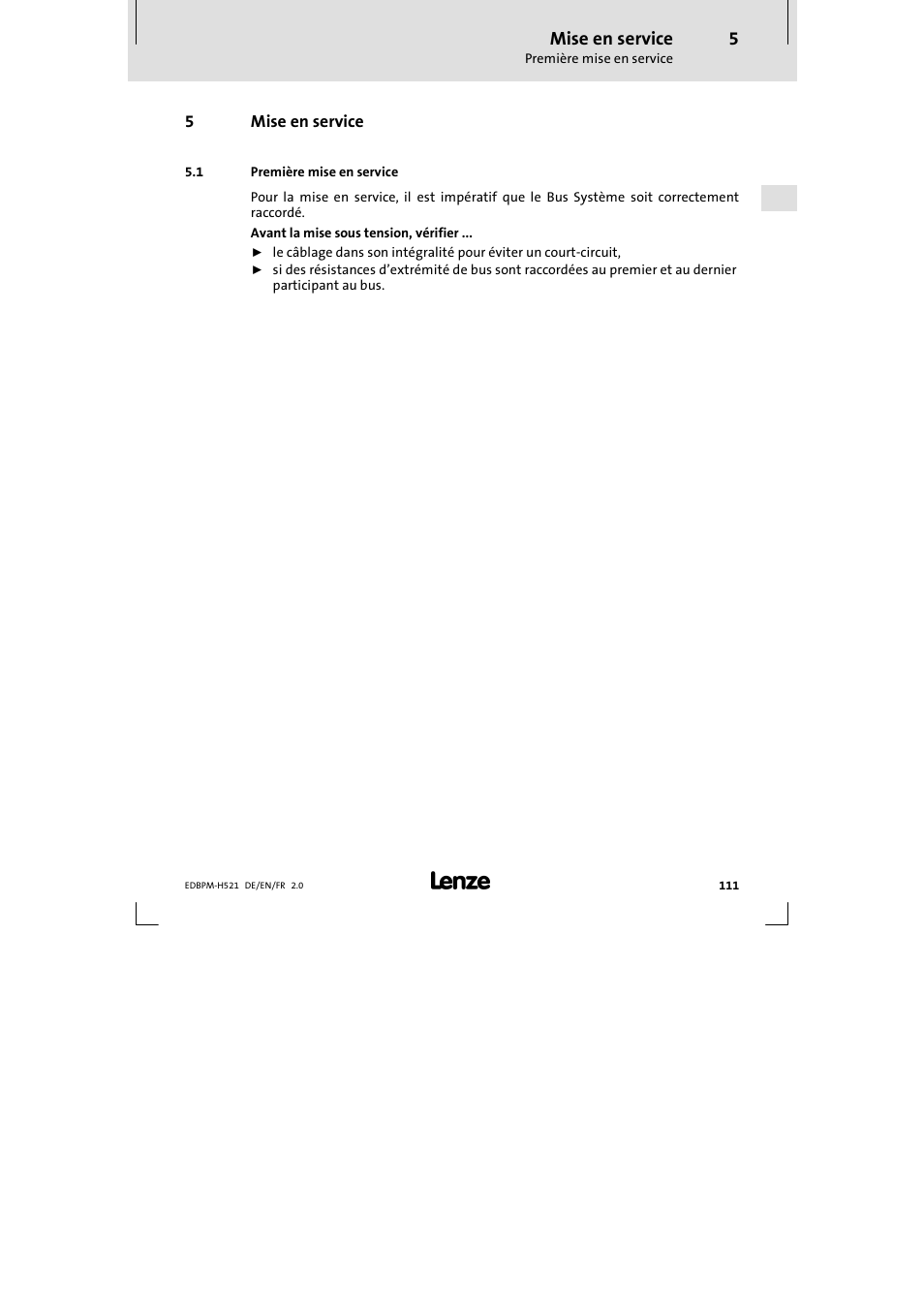 5 mise en service, 1 première mise en service, Mise en service | Première mise en service | Lenze EPM-H521 User Manual | Page 111 / 136