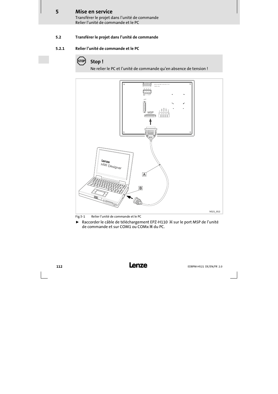 2 transférer le projet dans l'unité de commande, 1 relier l'unité de commande et le pc, Transférer le projet dans l’unité de commande | Relier l’unité de commande et le pc, Mise en service, Stop | Lenze EPM-H521 User Manual | Page 112 / 136