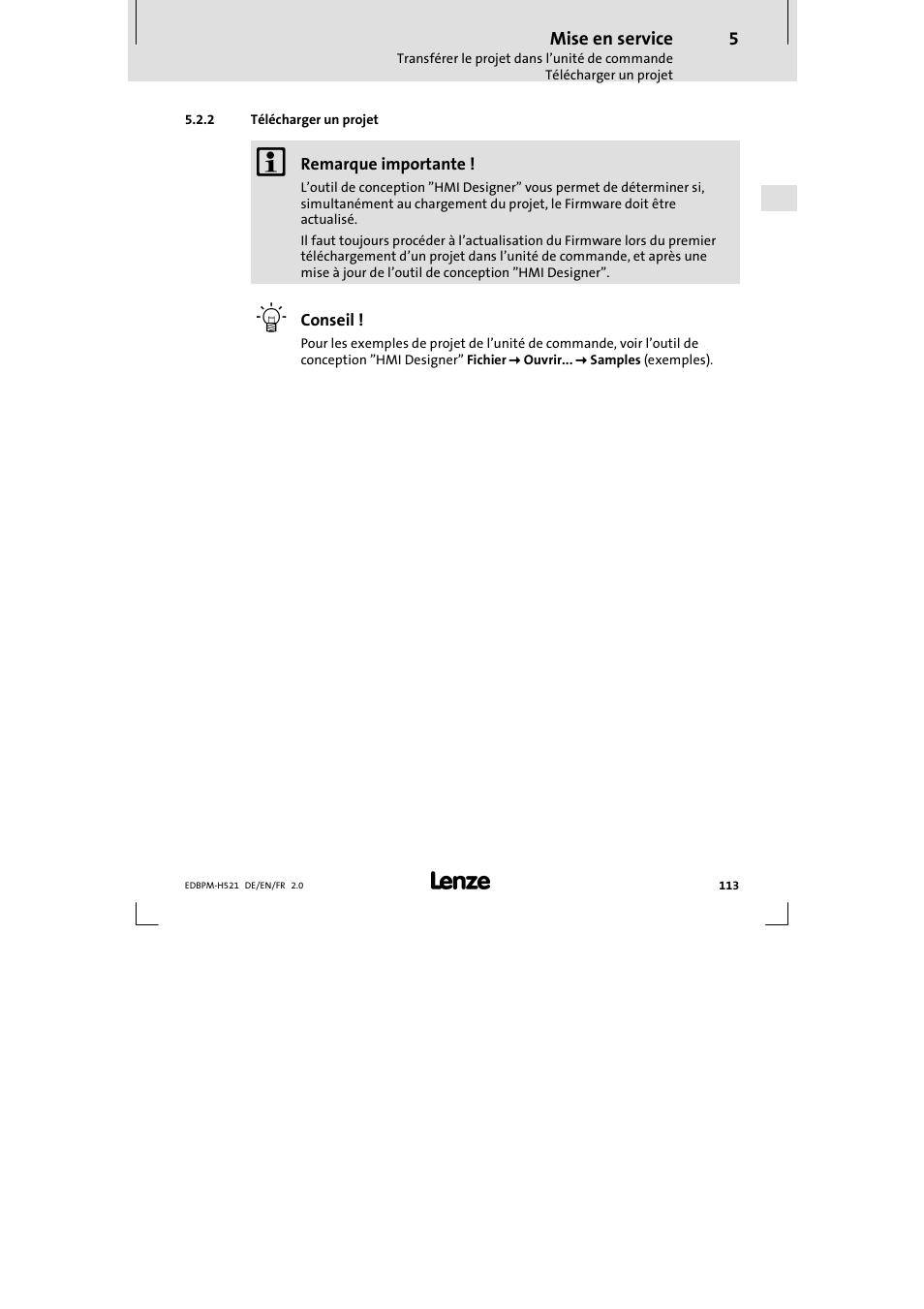 2 télécharger un projet, Télécharger un projet | Lenze EPM-H521 User Manual | Page 113 / 136