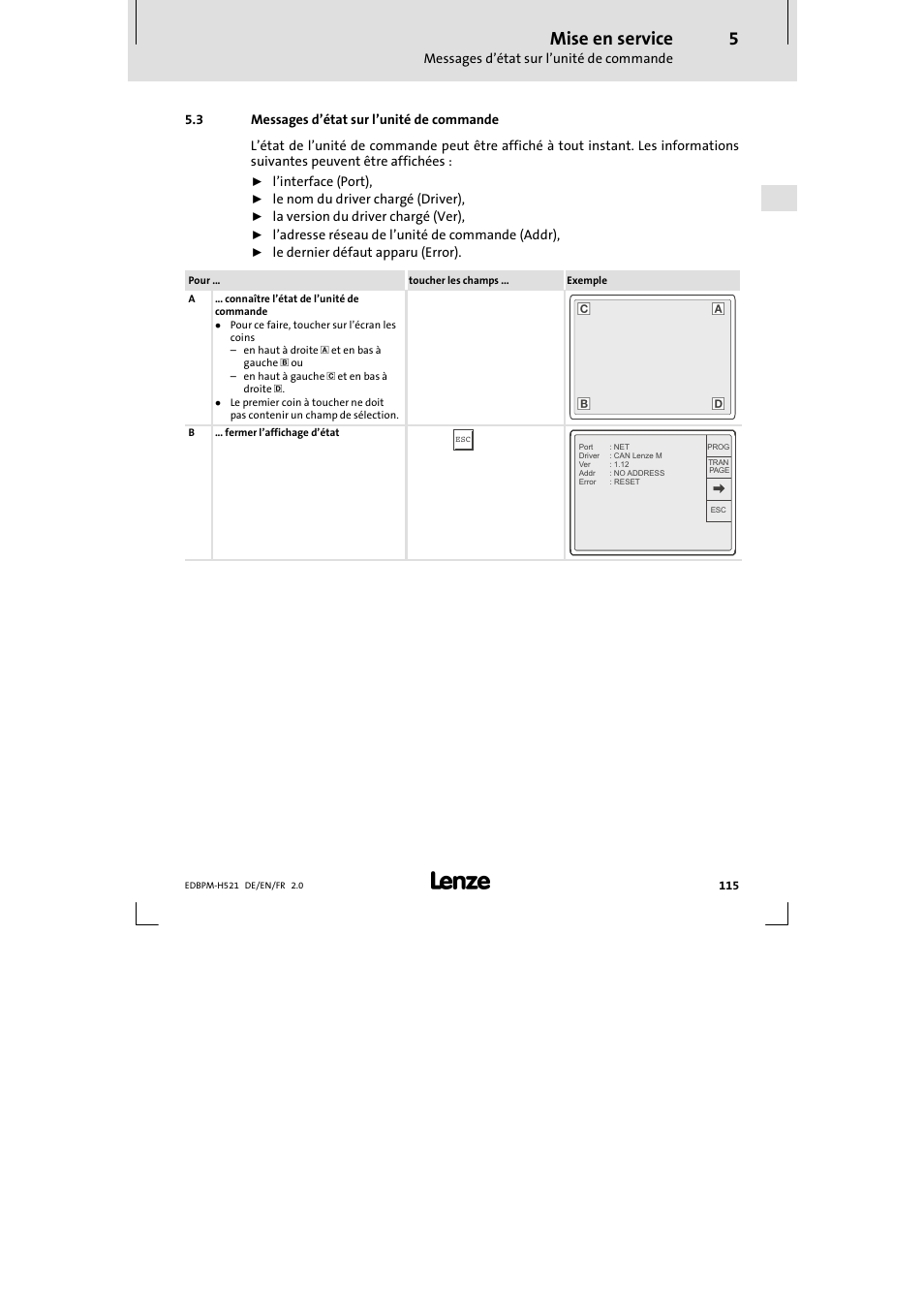 3 messages d™état sur l'unité de commande, Messages d’état sur l’unité de commande, Mise en service | L’interface (port), Le nom du driver chargé (driver), La version du driver chargé (ver), L’adresse réseau de l’unité de commande (addr), Le dernier défaut apparu (error) | Lenze EPM-H521 User Manual | Page 115 / 136