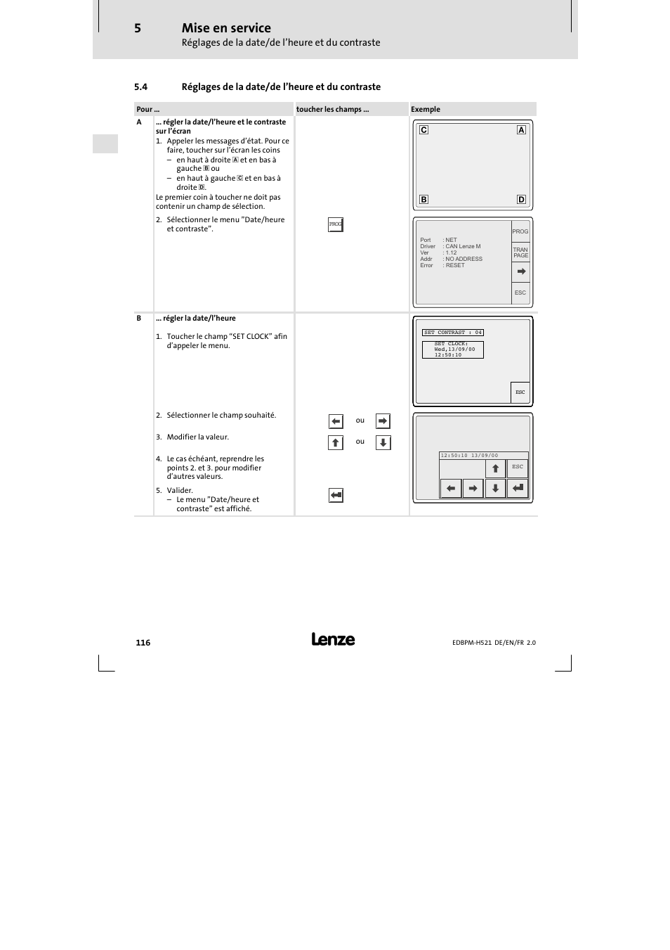 4 réglages de la date/ de l'heure et du contraste, Réglages de la date/de l’heure et du contraste, Mise en service | 4 réglages de la date/de l’heure et du contraste | Lenze EPM-H521 User Manual | Page 116 / 136