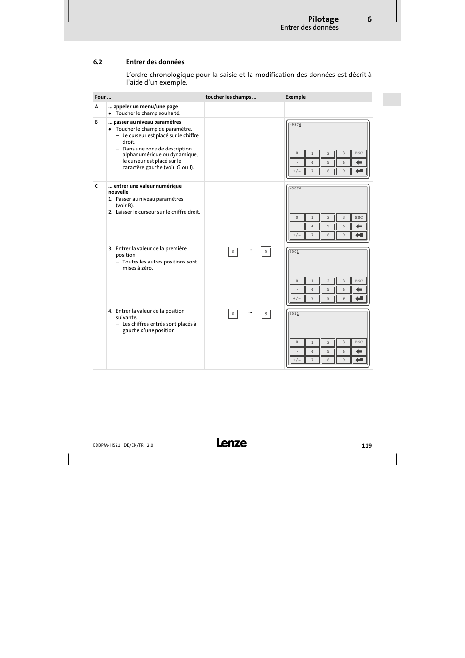 2 entrer des données, Entrer des données, Pilotage | Lenze EPM-H521 User Manual | Page 119 / 136