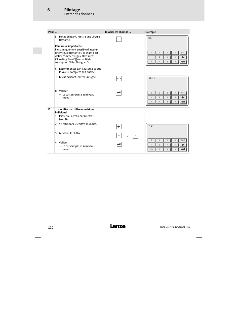 Pilotage, Entrer des données | Lenze EPM-H521 User Manual | Page 120 / 136