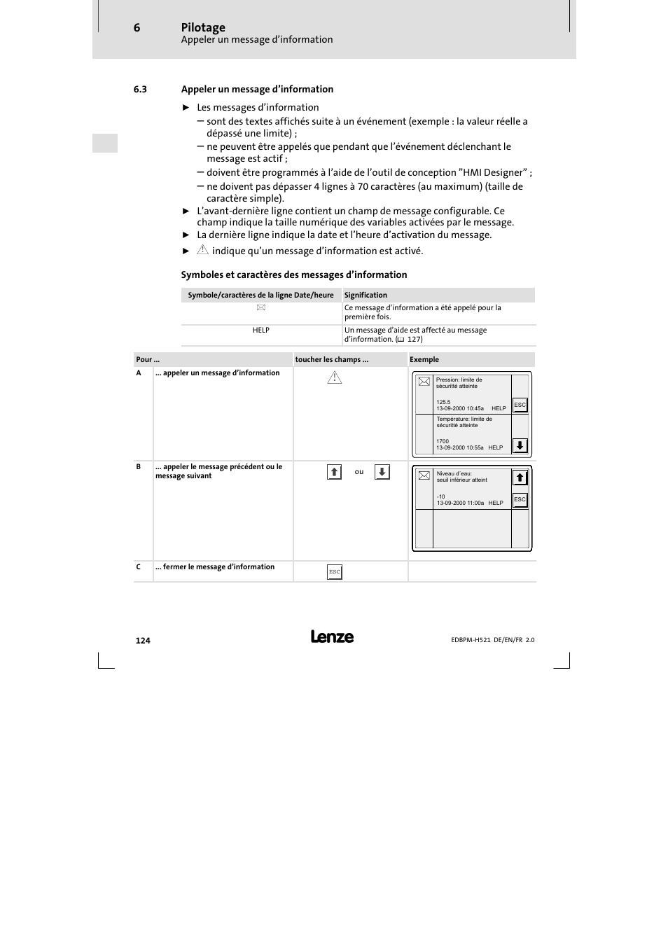 3 appeler un message d'information, Appeler un message d’information, Pilotage | Lenze EPM-H521 User Manual | Page 124 / 136