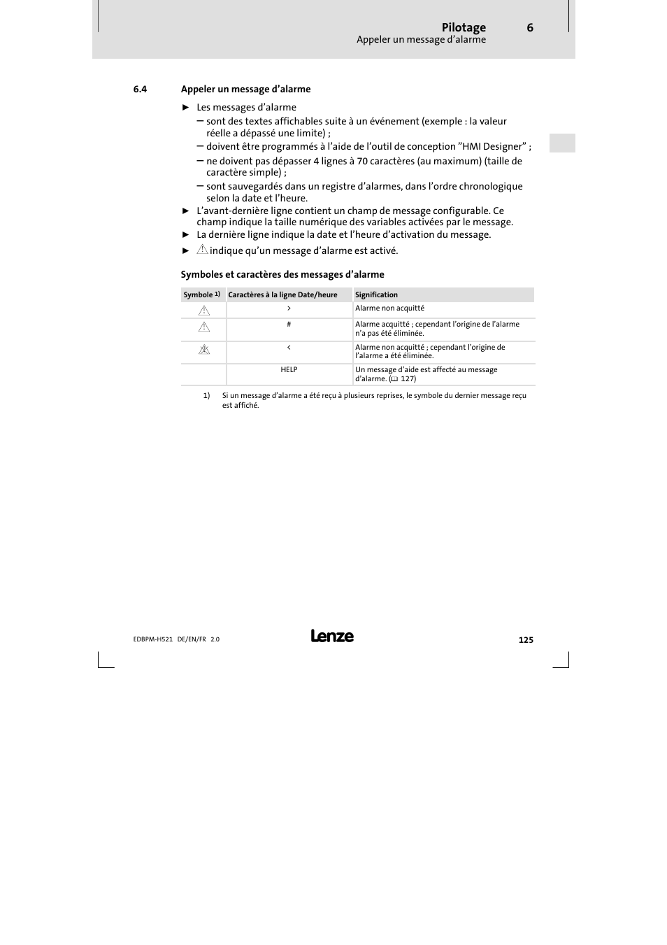 4 appeler un message d'alarme, Appeler un message d’alarme, Pilotage | Lenze EPM-H521 User Manual | Page 125 / 136