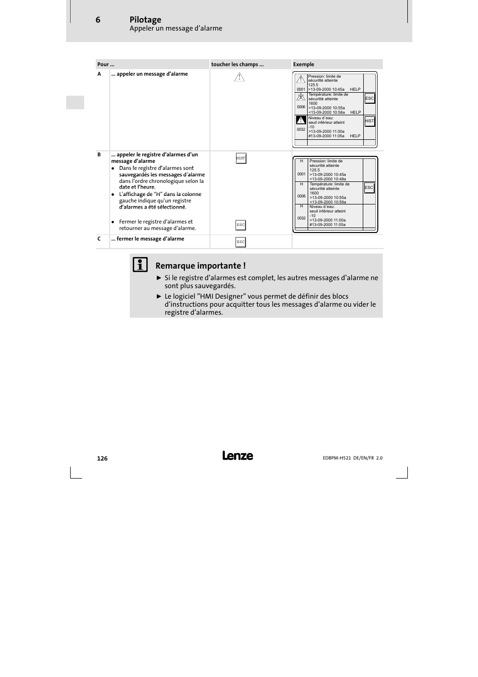 Pilotage, Remarque importante, Appeler un message d’alarme | Lenze EPM-H521 User Manual | Page 126 / 136