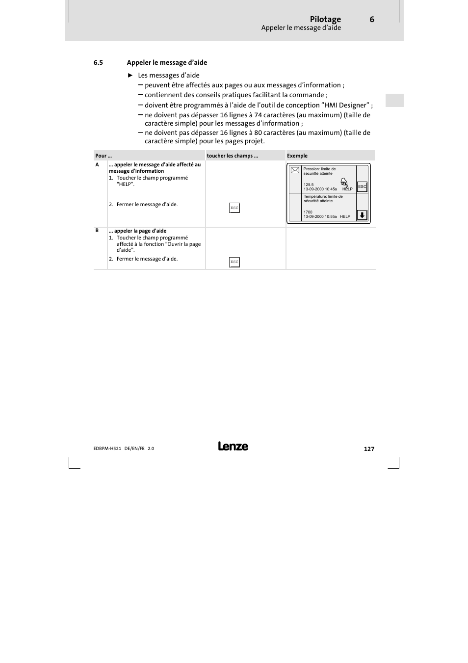 5 appeler le message d'aide, Appeler le message d’aide, Pilotage | Lenze EPM-H521 User Manual | Page 127 / 136