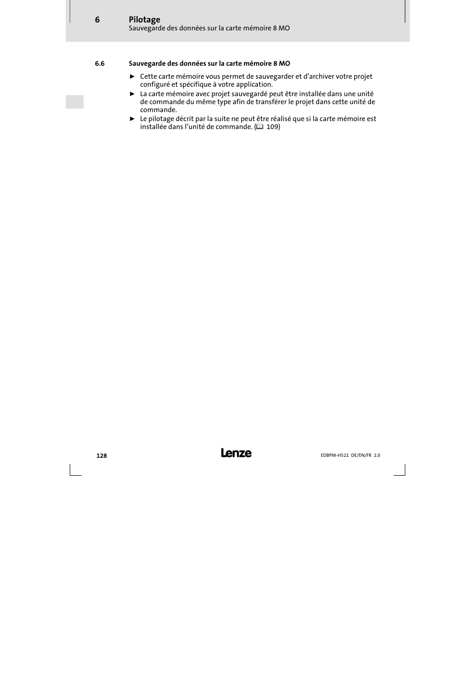 6 sauvegarde des données sur la carte mémoire 8 mo, Sauvegarde des données sur la carte mémoire 8 mo | Lenze EPM-H521 User Manual | Page 128 / 136