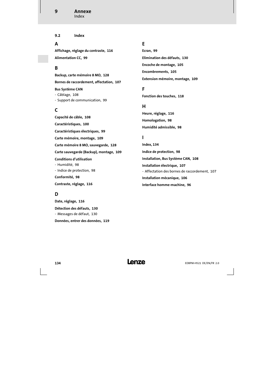 2 index, Index | Lenze EPM-H521 User Manual | Page 134 / 136