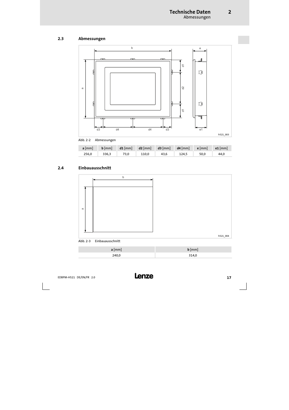 3 abmessungen, 4 einbauausschnitt, Abmessungen | Einbauausschnitt, Technische daten | Lenze EPM-H521 User Manual | Page 17 / 136