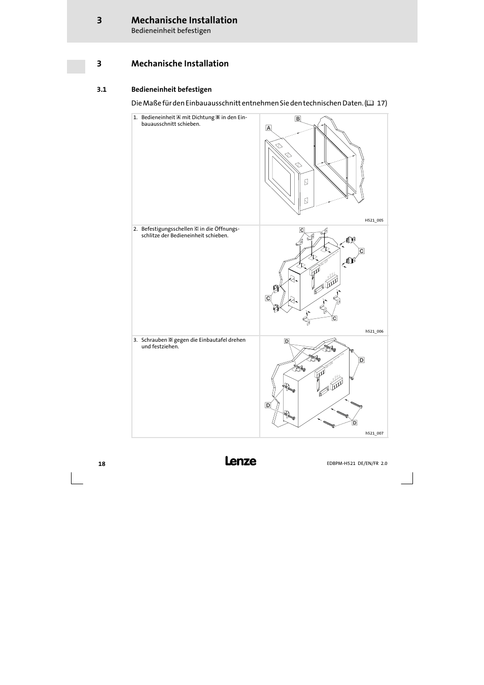 3 mechanische installation, 1 bedieneinheit befestigen, Mechanische installation | Bedieneinheit befestigen, 3mechanische installation | Lenze EPM-H521 User Manual | Page 18 / 136