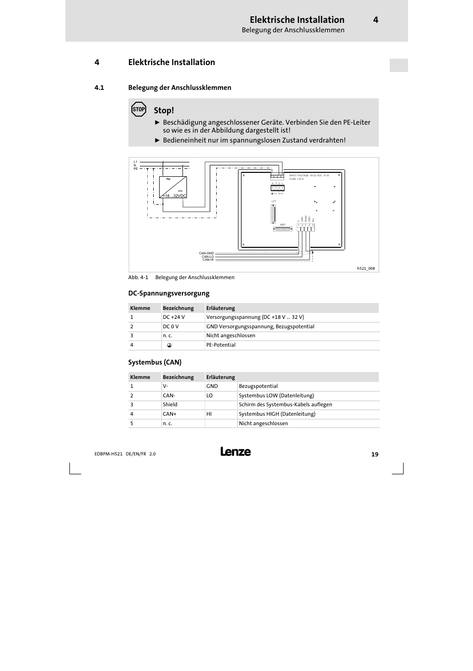 4 elektrische installation, 1 belegung der anschlussklemmen, Elektrische installation | Belegung der anschlussklemmen, 4elektrische installation, Stop, Dc-spannungsversorgung, Systembus (can) | Lenze EPM-H521 User Manual | Page 19 / 136