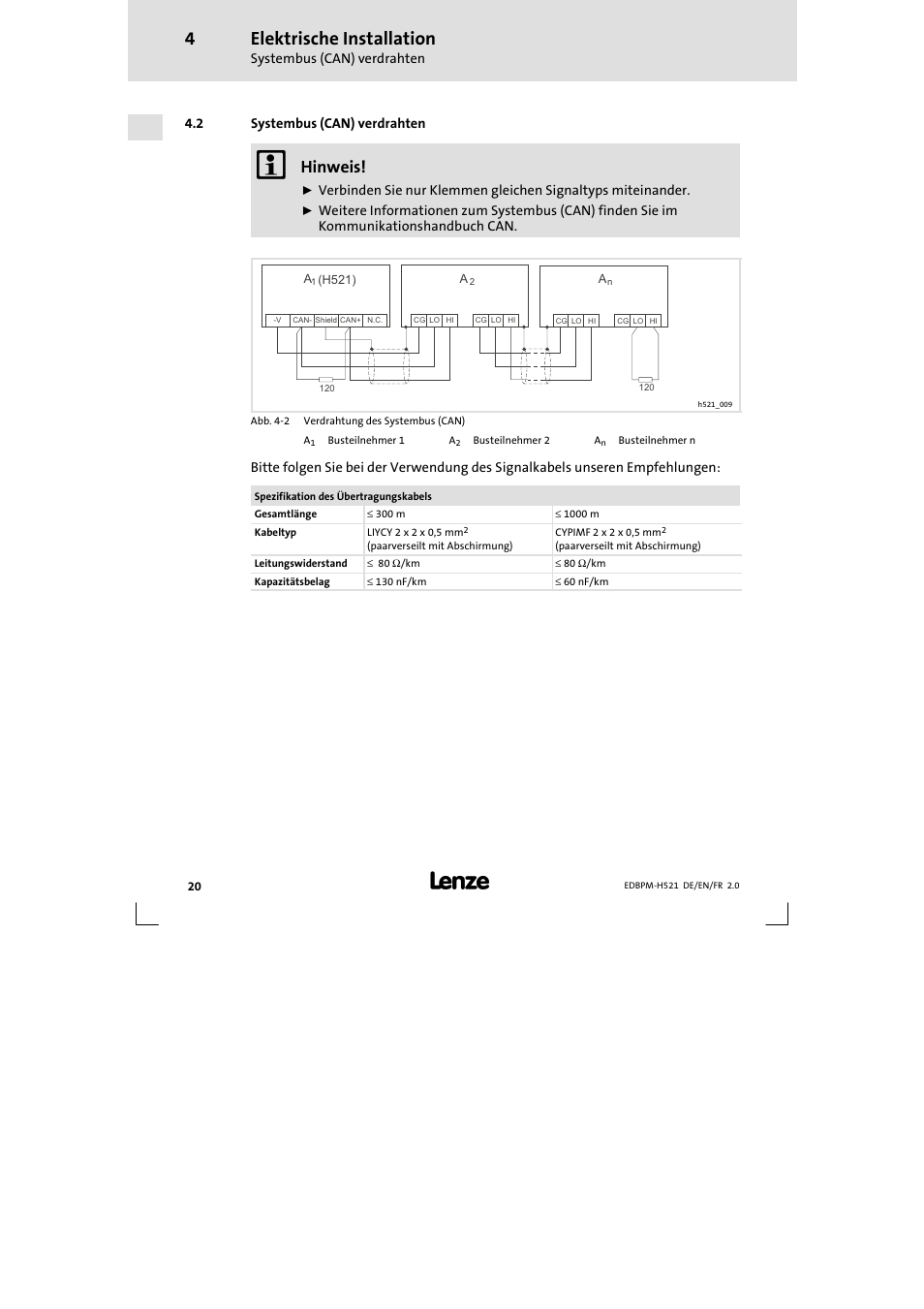 2 systembus (can) verdrahten, Systembus (can) verdrahten, Elektrische installation | Hinweis | Lenze EPM-H521 User Manual | Page 20 / 136