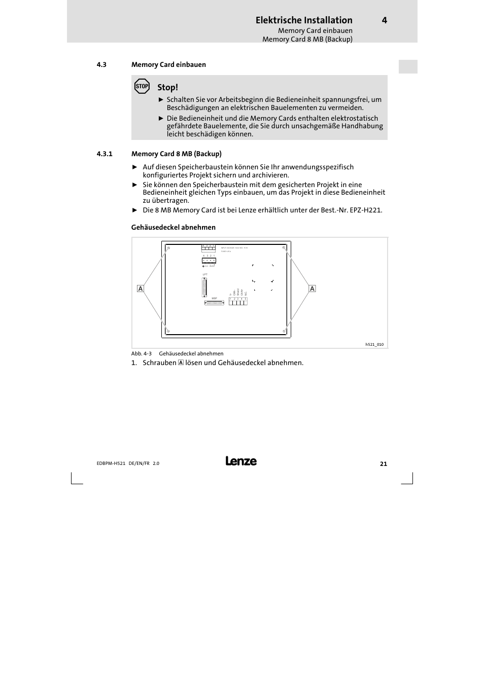 3 memory card einbauen, 1 memory card 8 mb (backup), Memory card einbauen | Memory card 8 mb (backup), Elektrische installation, Stop | Lenze EPM-H521 User Manual | Page 21 / 136