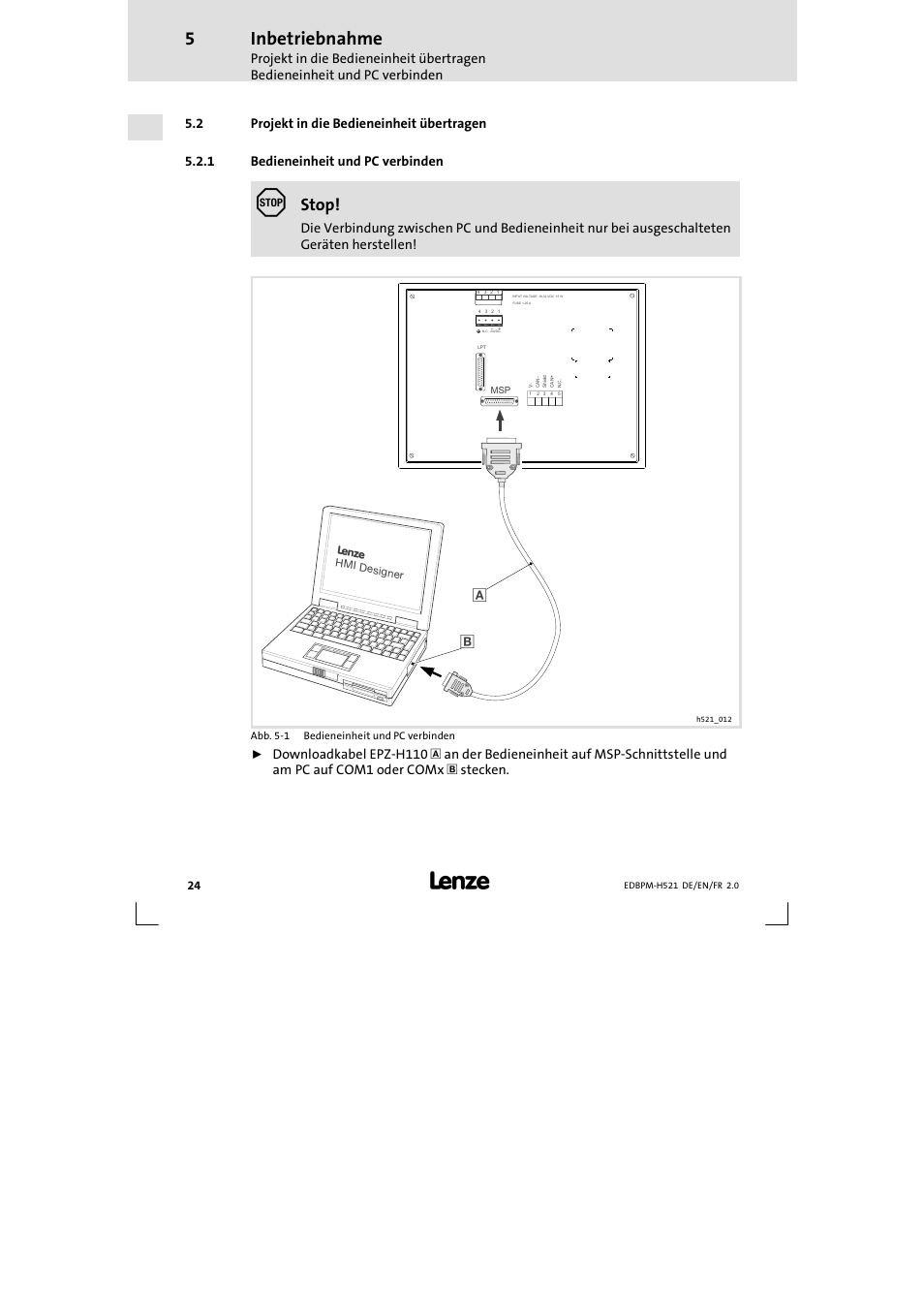 2 projekt in die bedieneinheit übertragen, 1 bedieneinheit und pc verbinden, Projekt in die bedieneinheit übertragen | Bedieneinheit und pc verbinden, Inbetriebnahme, Stop | Lenze EPM-H521 User Manual | Page 24 / 136