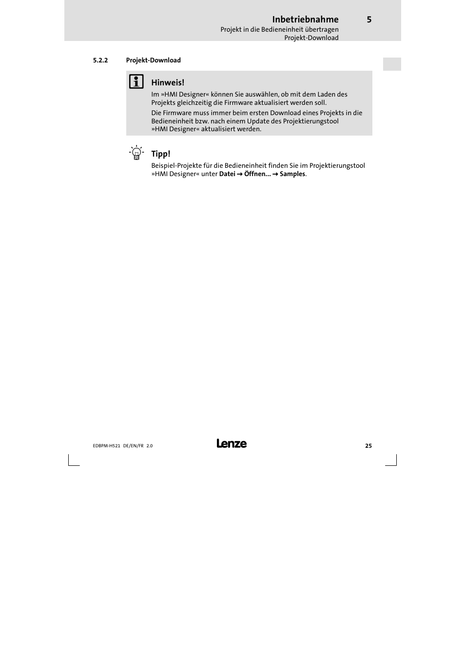 2 projekt-download, Projekt-download | Lenze EPM-H521 User Manual | Page 25 / 136