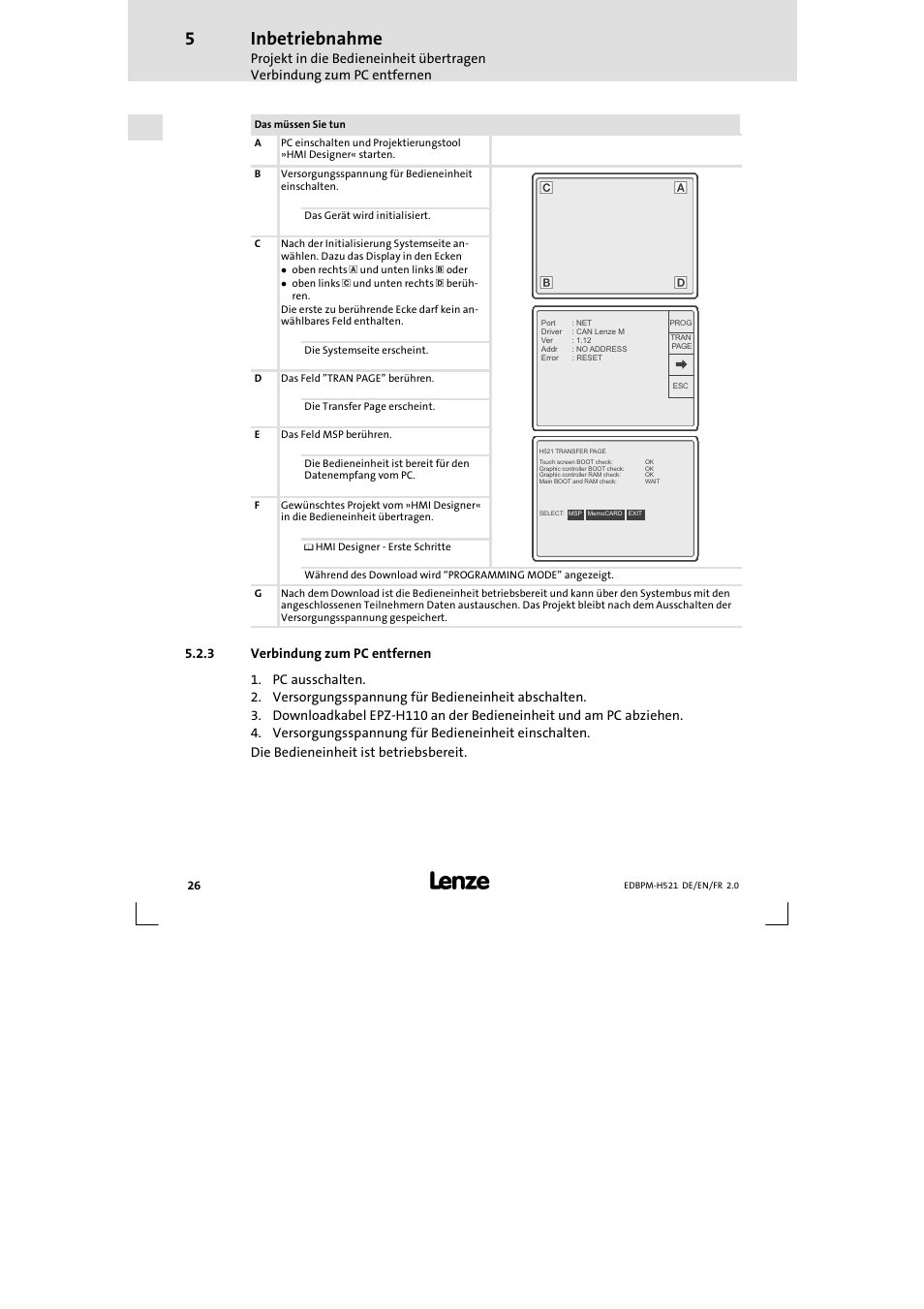 3 verbindung zum pc entfernen, Verbindung zum pc entfernen, Inbetriebnahme | Lenze EPM-H521 User Manual | Page 26 / 136