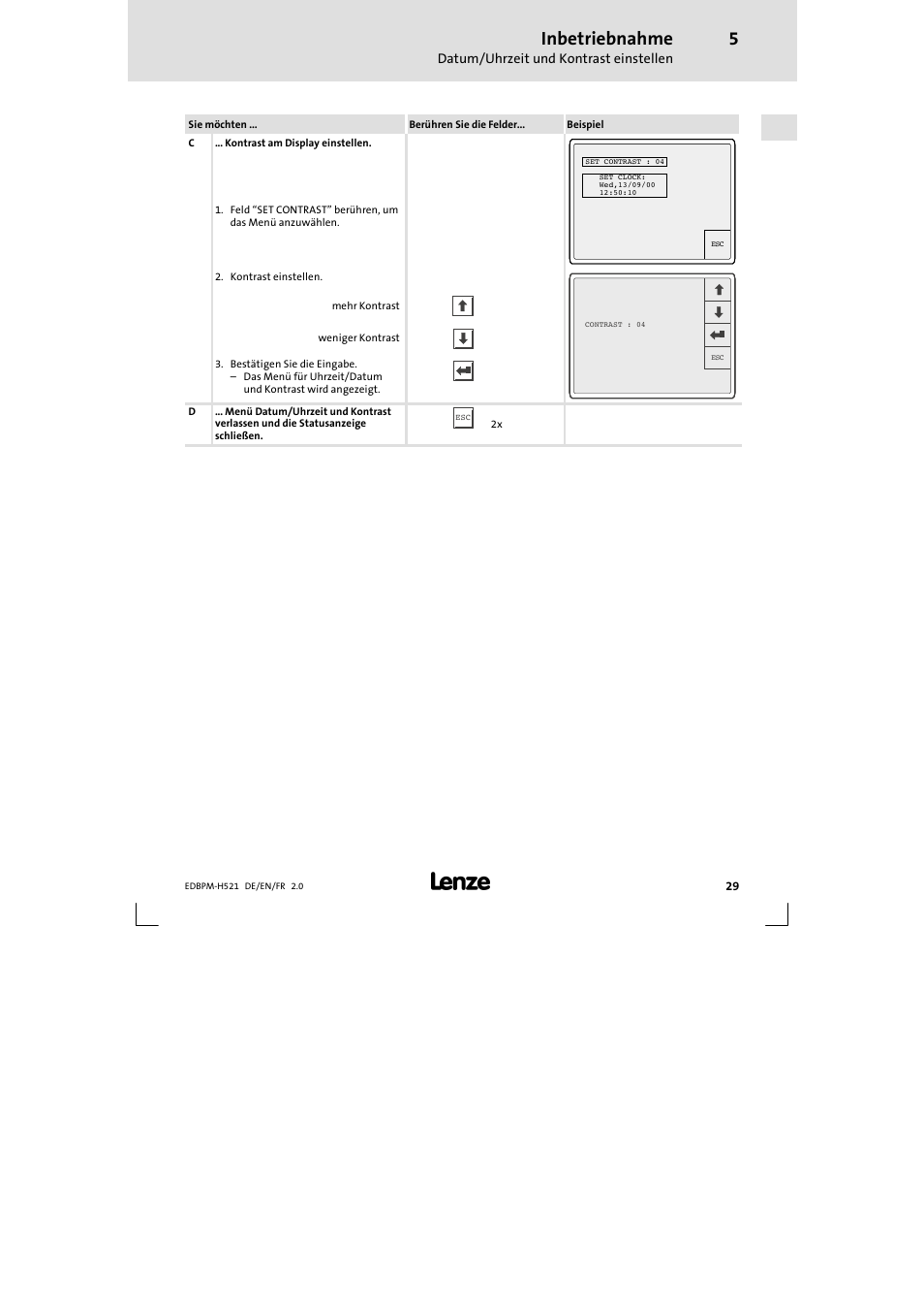 Inbetriebnahme, Datum/uhrzeit und kontrast einstellen | Lenze EPM-H521 User Manual | Page 29 / 136