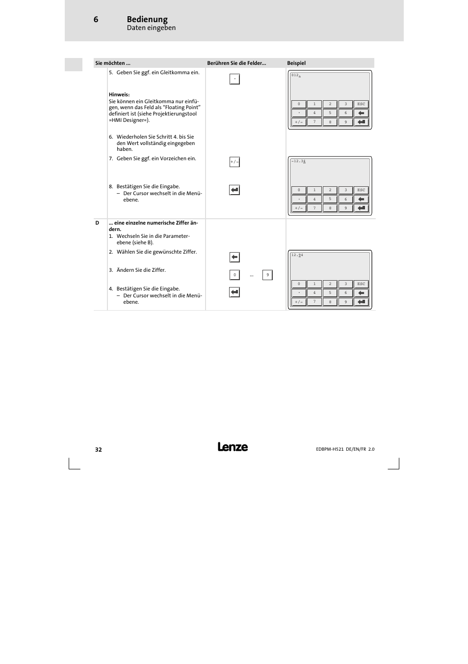 Bedienung, Daten eingeben | Lenze EPM-H521 User Manual | Page 32 / 136