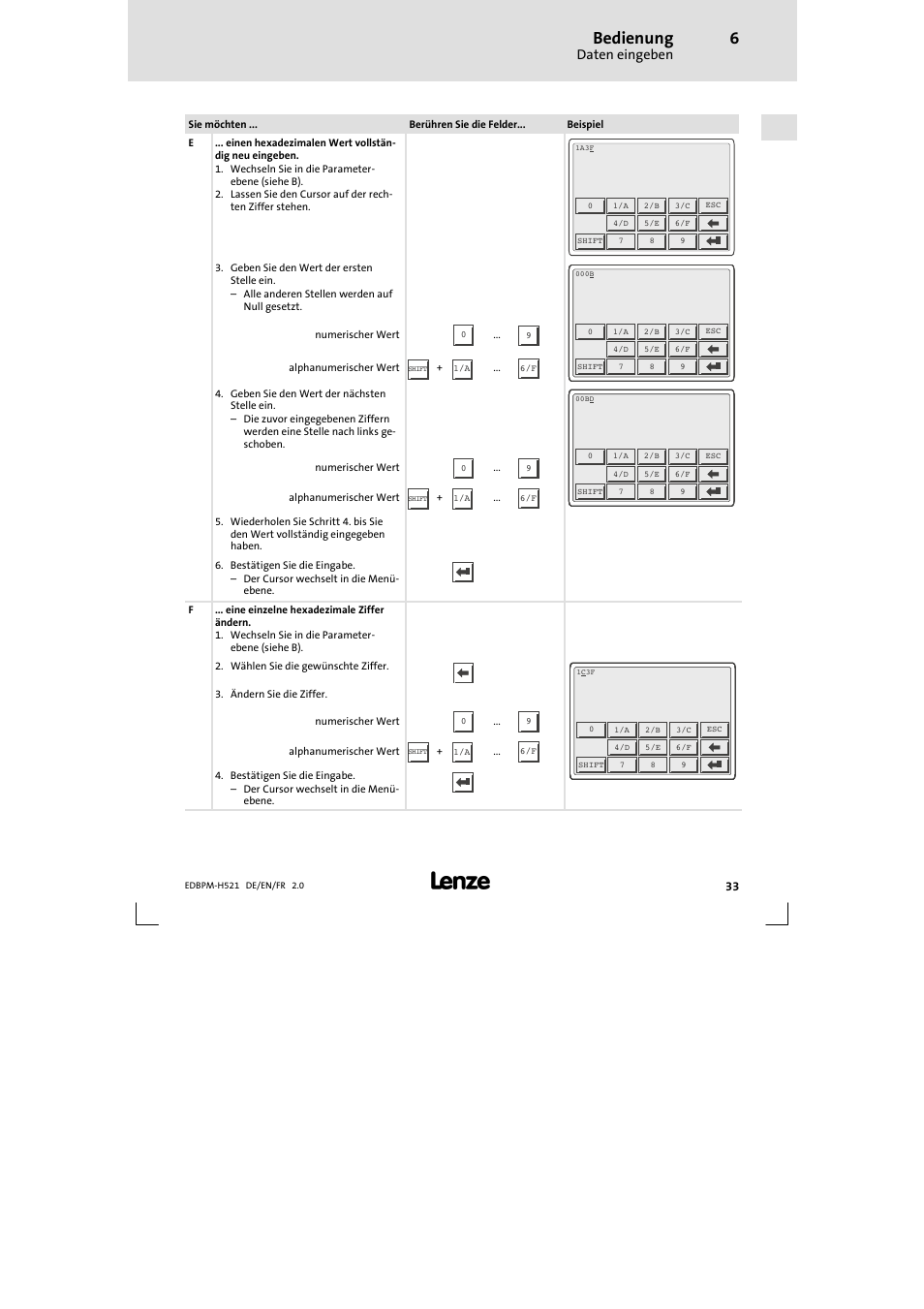 Bedienung, Daten eingeben | Lenze EPM-H521 User Manual | Page 33 / 136