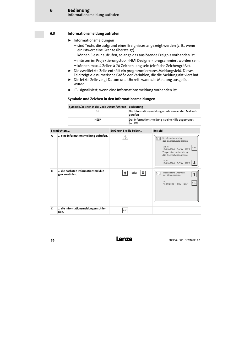 3 informationsmeldung aufrufen, Informationsmeldung aufrufen, Bedienung | Lenze EPM-H521 User Manual | Page 36 / 136