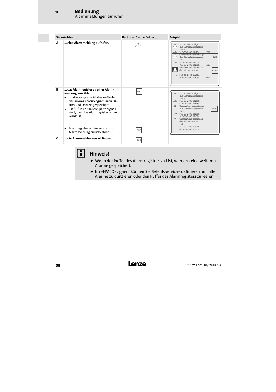 Bedienung, Hinweis, Alarmmeldungen aufrufen | Lenze EPM-H521 User Manual | Page 38 / 136