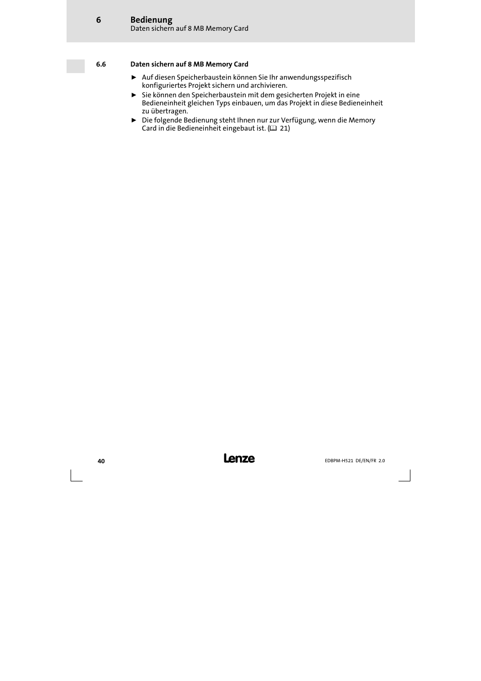 6 daten sichern auf 8 mb memory card, Daten sichern auf 8 mb memory card | Lenze EPM-H521 User Manual | Page 40 / 136