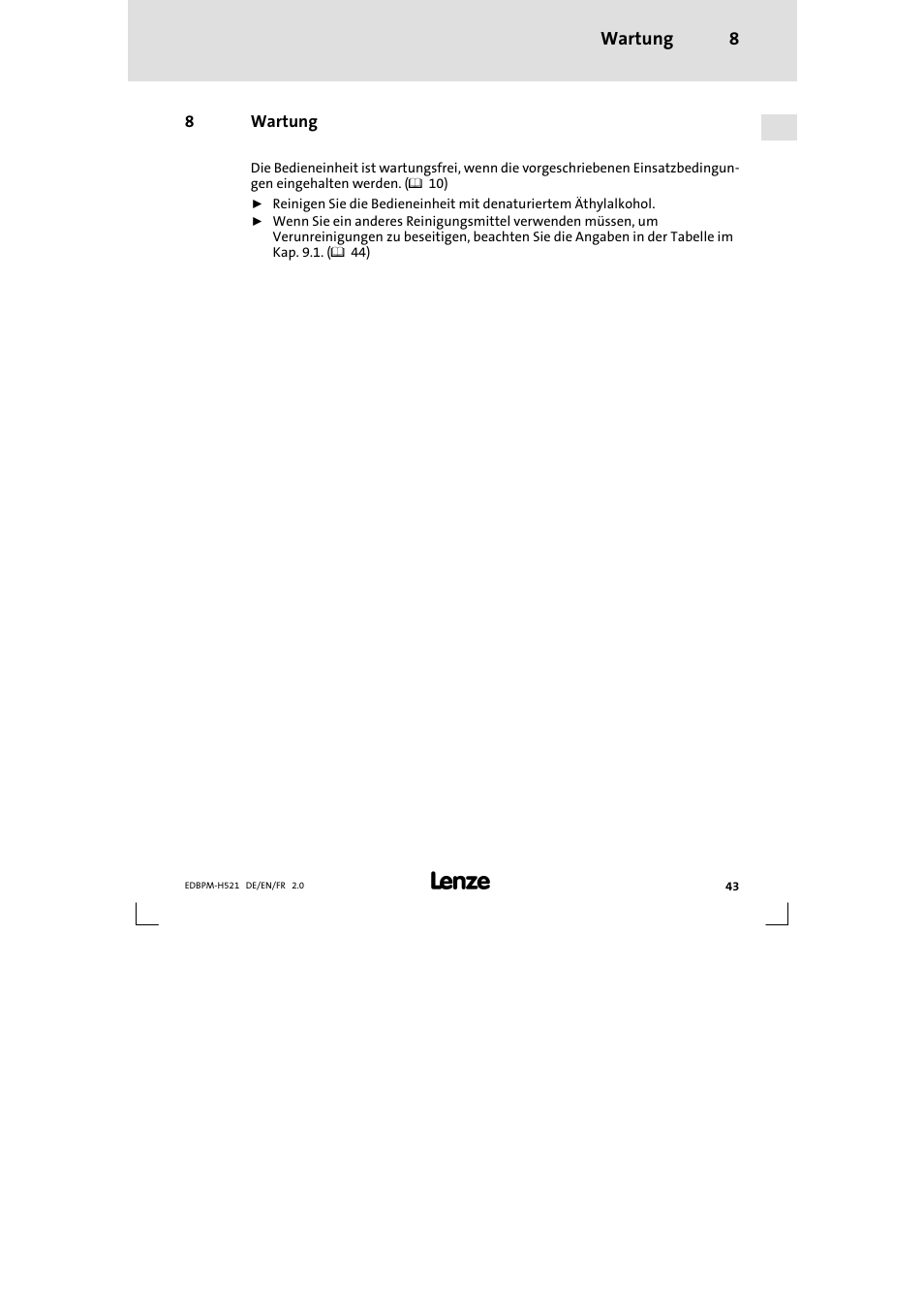 8 wartung, Wartung, Wartung 8 | Lenze EPM-H521 User Manual | Page 43 / 136