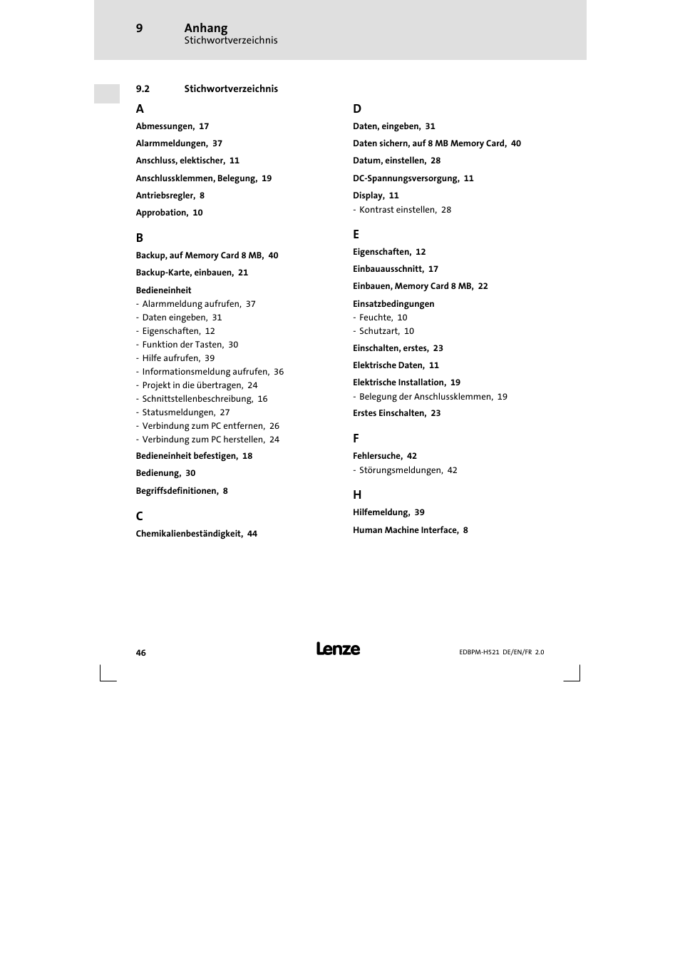 2 stichwortverzeichnis, Stichwortverzeichnis | Lenze EPM-H521 User Manual | Page 46 / 136