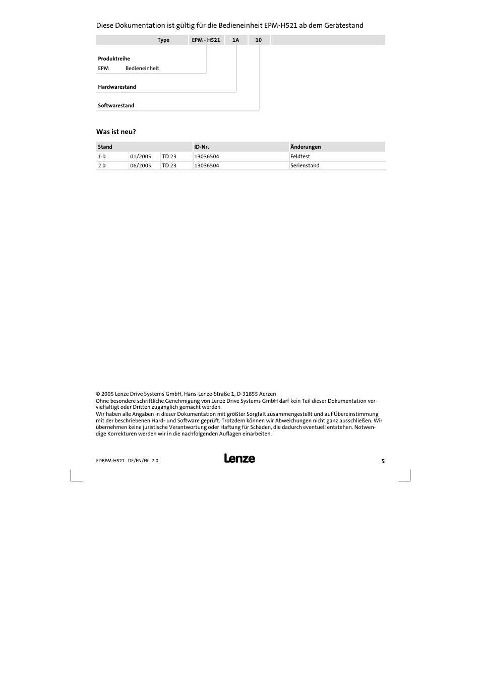 Diese dokumentation ist gültig für | Lenze EPM-H521 User Manual | Page 5 / 136