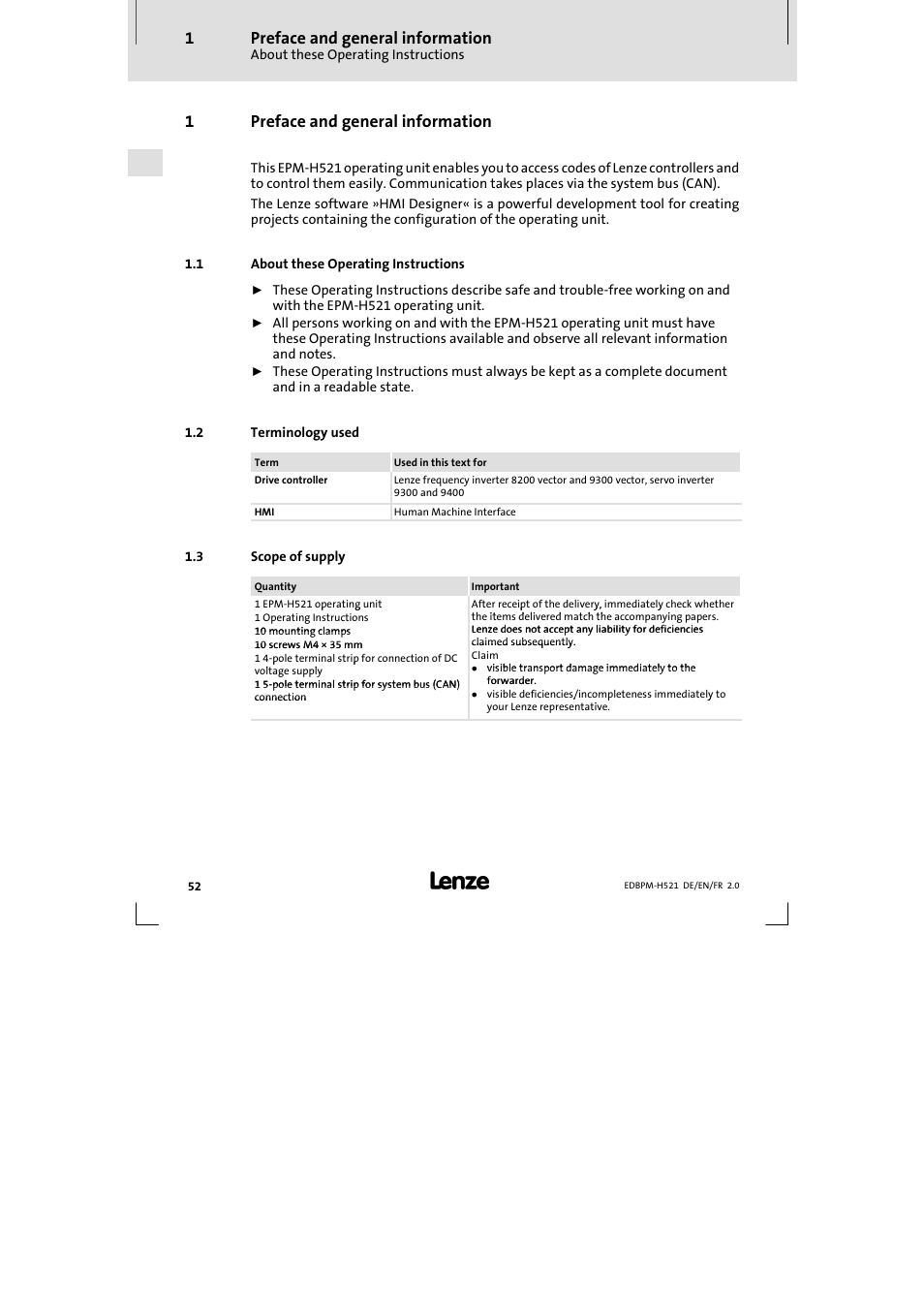 1 preface and general information, 1 about these operating instructions, 2 terminology used | 3 scope of supply, Preface and general information, About these operating instructions, Terminology used, Scope of supply, 1preface and general information | Lenze EPM-H521 User Manual | Page 52 / 136