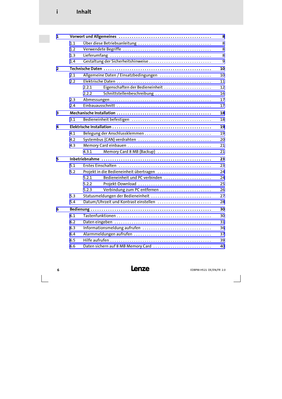 Inhalt, Inhalt i | Lenze EPM-H521 User Manual | Page 6 / 136