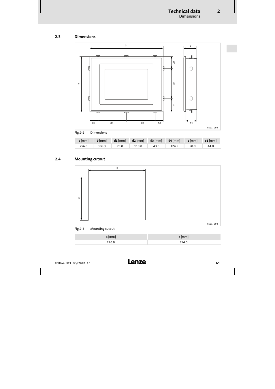 3 dimensions, 4 mounting cutout, Dimensions | Mounting cutout, Technical data | Lenze EPM-H521 User Manual | Page 61 / 136
