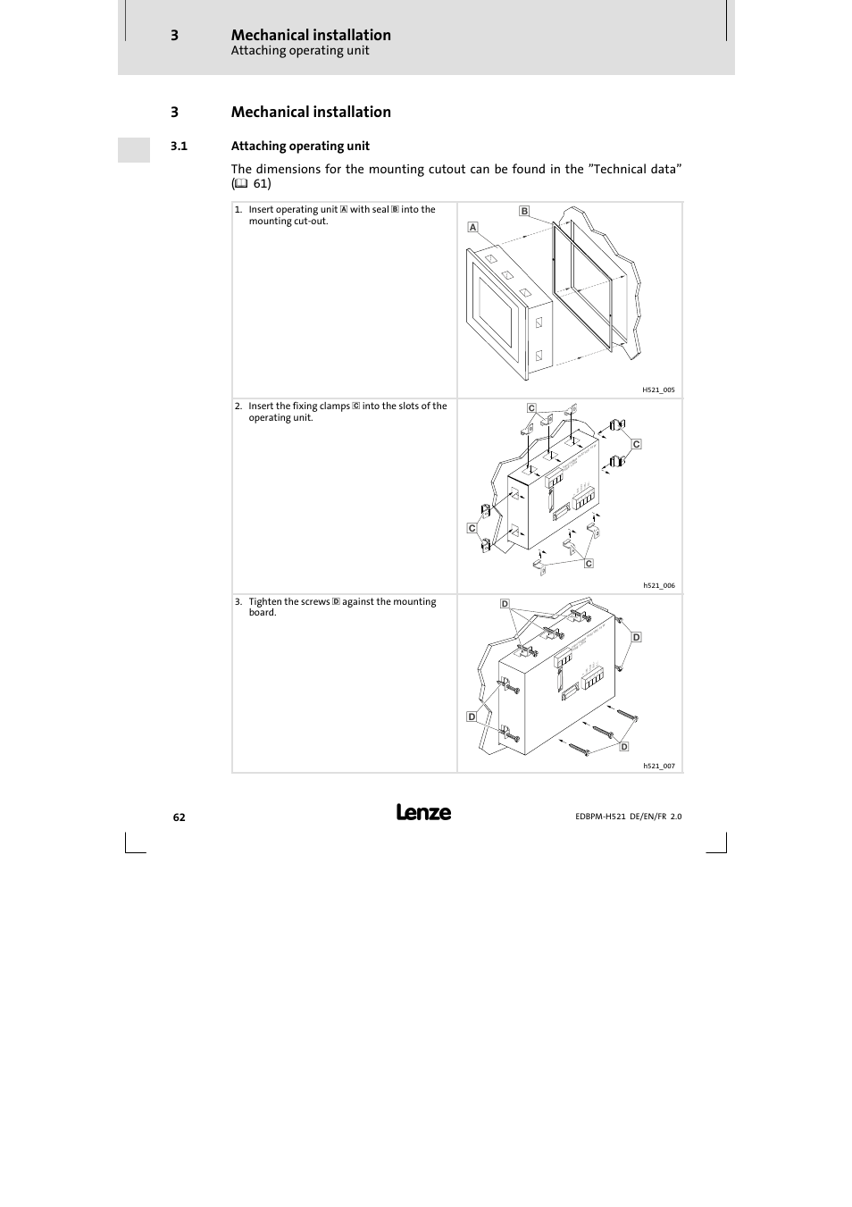 3 mechanical installation, 1 attaching operating unit, Mechanical installation | Attaching operating unit, 3mechanical installation, Tighten the screws  against the mounting board | Lenze EPM-H521 User Manual | Page 62 / 136