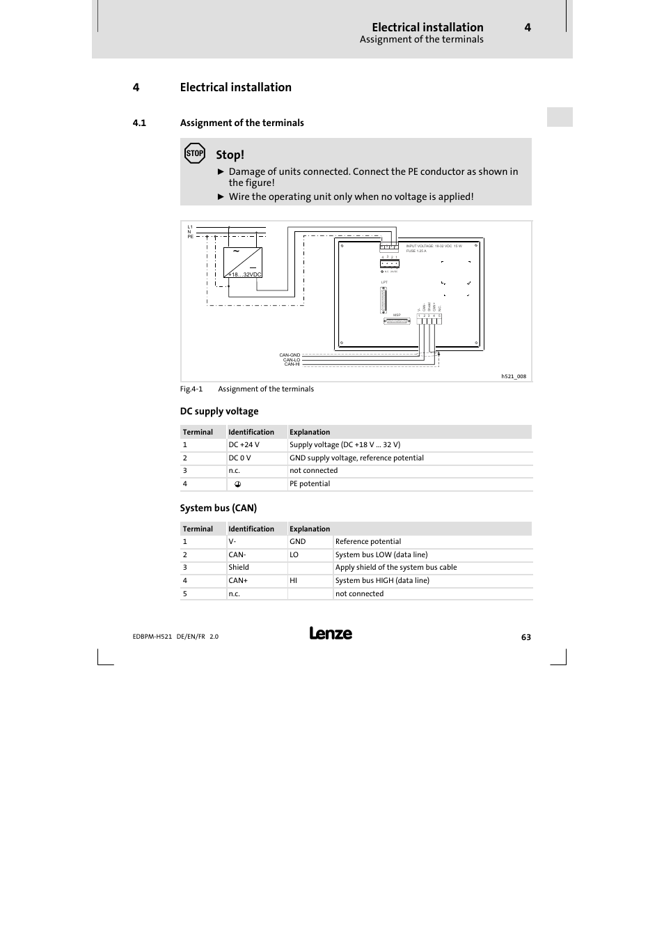 4 electrical installation, 1 assignment of the terminals, Electrical installation | Assignment of the terminals, 4electrical installation, Stop, Dc supply voltage, System bus (can) | Lenze EPM-H521 User Manual | Page 63 / 136