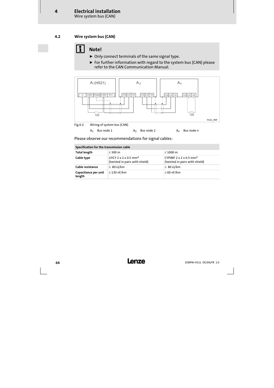 2 wire system bus (can), Wire system bus (can), Electrical installation | Lenze EPM-H521 User Manual | Page 64 / 136