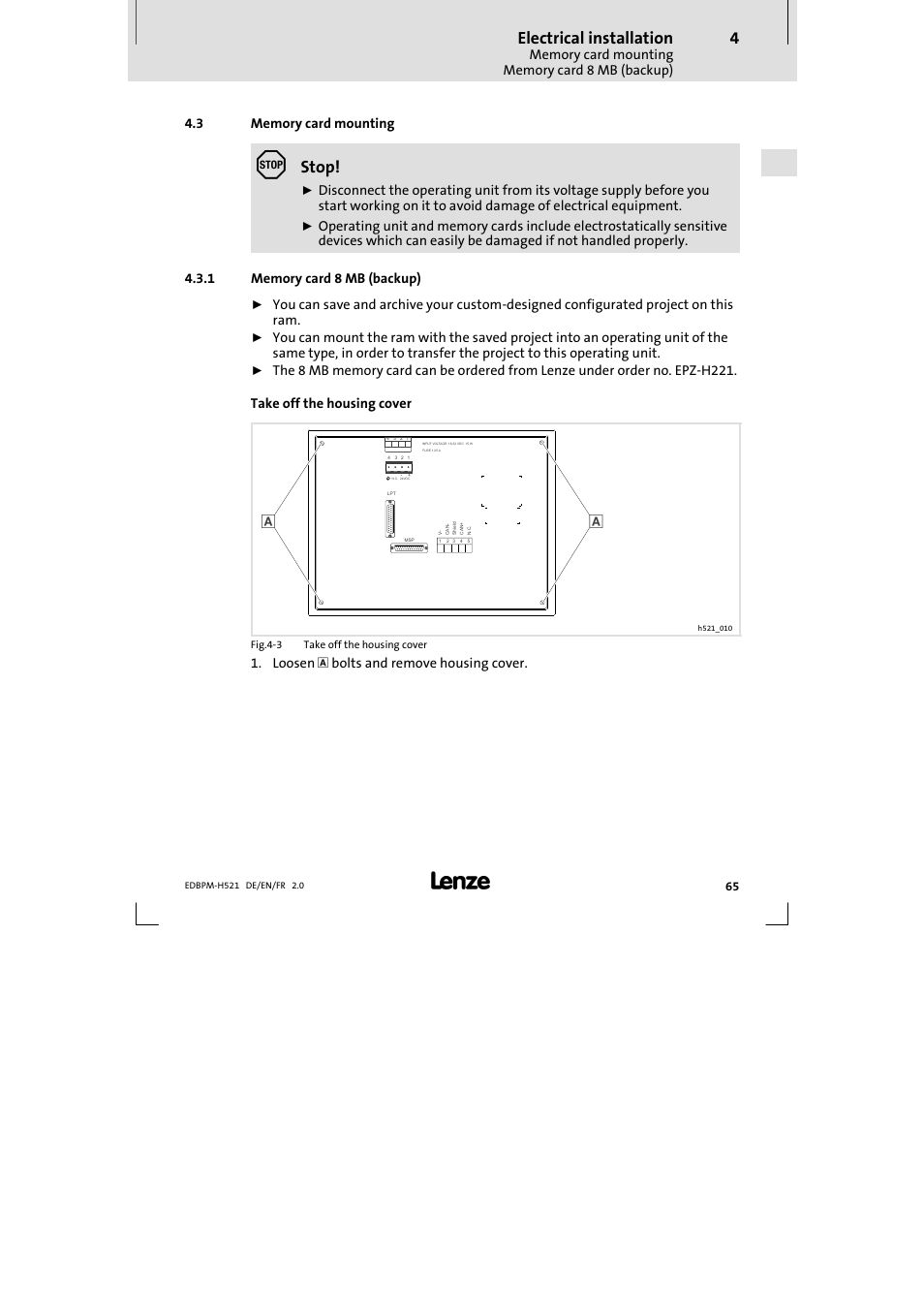 3 memory card mounting, 1 memory card 8 mb (backup), Memory card mounting | Memory card 8 mb (backup), Electrical installation, Stop, Loosen  bolts and remove housing cover | Lenze EPM-H521 User Manual | Page 65 / 136