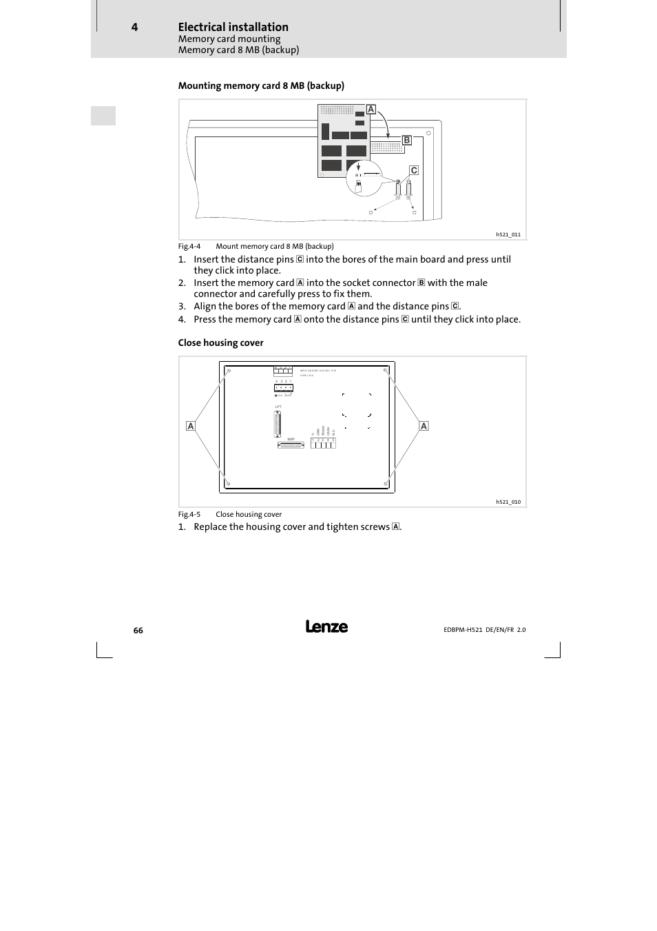 Electrical installation, Replace the housing cover and tighten screws | Lenze EPM-H521 User Manual | Page 66 / 136