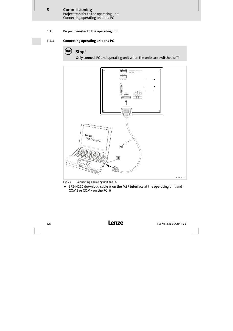 2 project transfer to the operating unit, 1 connecting operating unit and pc, Project transfer to the operating unit | Connecting operating unit and pc, Commissioning, Stop | Lenze EPM-H521 User Manual | Page 68 / 136