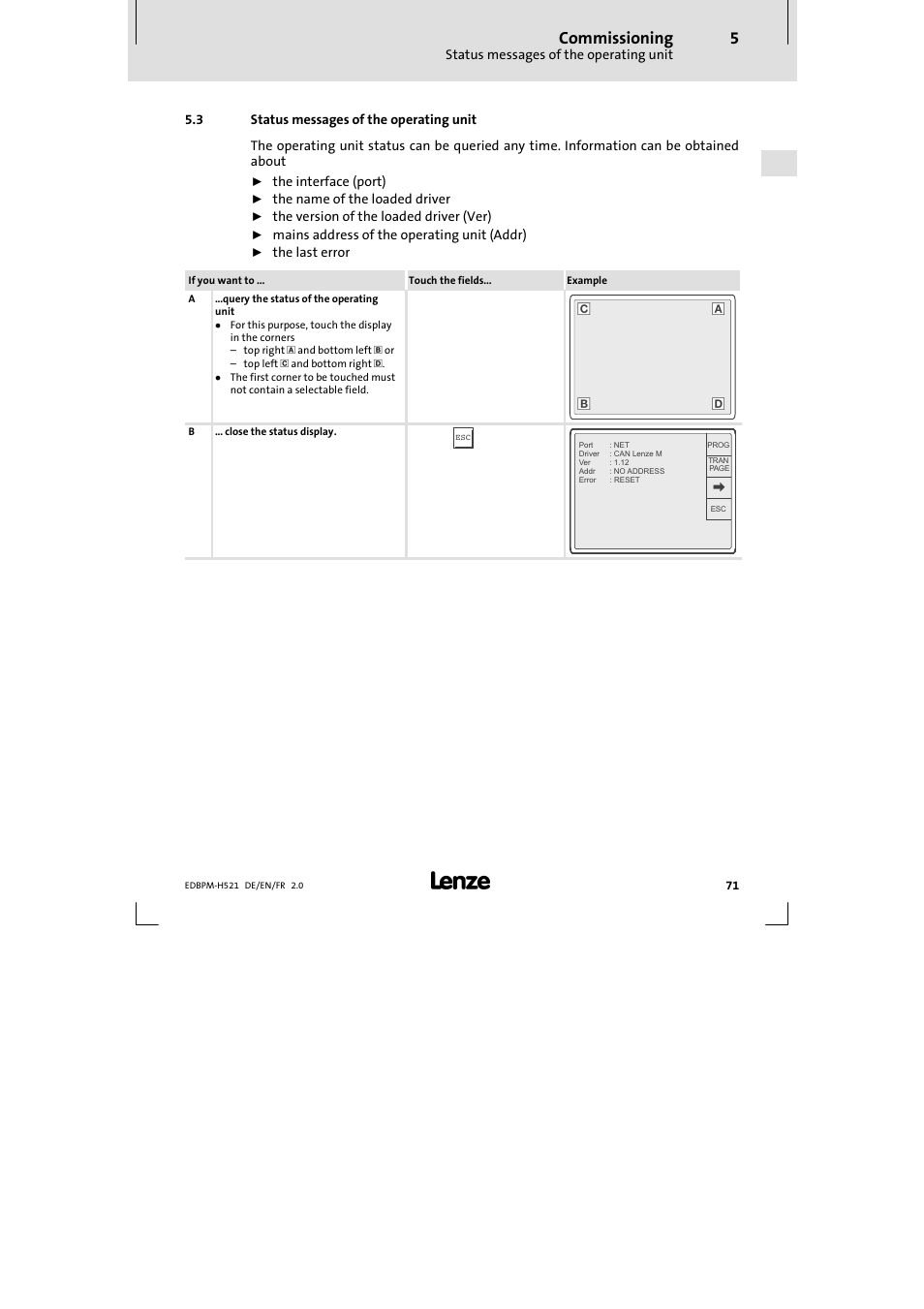 3 status messages of the operating unit, Status messages of the operating unit, Commissioning | The interface (port), The name of the loaded driver, The version of the loaded driver (ver), Mains address of the operating unit (addr), The last error | Lenze EPM-H521 User Manual | Page 71 / 136