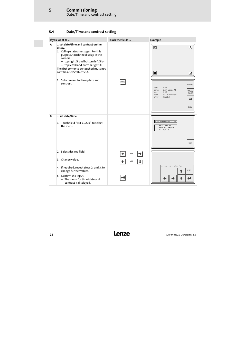 4 date/ time and contrast setting, Date/time and contrast setting, Commissioning | 4 date/time and contrast setting | Lenze EPM-H521 User Manual | Page 72 / 136