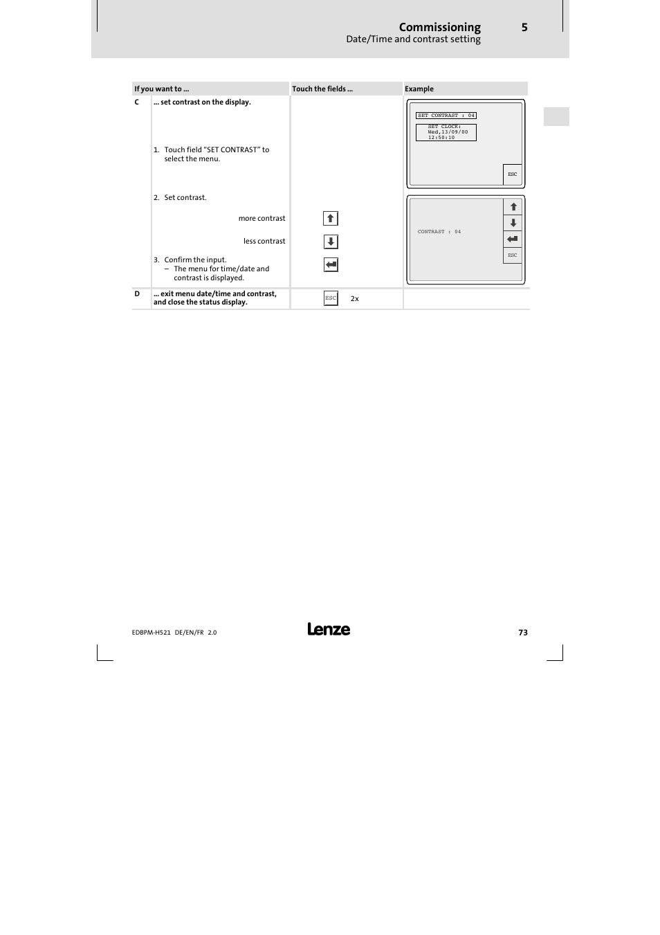 Commissioning, Date/time and contrast setting | Lenze EPM-H521 User Manual | Page 73 / 136